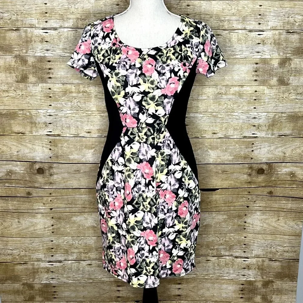 XHILARATION 90S Y2K FLORAL BODYCON CLASSIC SEXY CUTE STRETCH SCOOP NECK DRESS